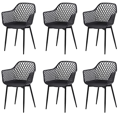 DazzlerE Gartenstühle 6er Set, Outdoor Stuhl, PP-Schalenstuhl, Metallgestell, mit Armlehnen, Höhenverstellbare Bodengleiter, Belastbar bis 120 KG, Schwarz