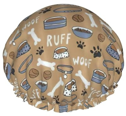 Cute Dog Bone Bowl Woof Paw Printed Bathing Cap, Dual Layer Hair Protector, Elastic Hair Cover For Washing Face, 10.6in/27cm