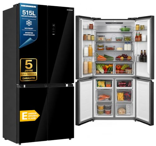 HEINNER HSBS-M515MDINVHGBKE++ Side-by-Side Kühl-Gefrierkombination, 515 L, No Frost, Inverter-Kompressor, Energieklasse E, Touch-Display, Vario Temp, Super Cooling, Super Freezing, Schwarzes Glas