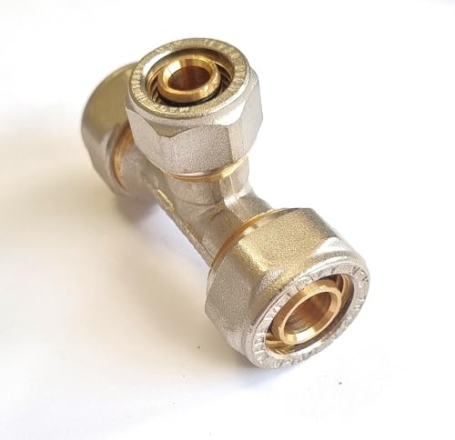 H2O-Flex® Schraubfitting T-Stück reduziert 26-20-20, für Aluverbundrohr | Klemmringverschraubung 26x3,0mm-20x2,0mm-20x2,0mm für Mehrschichtverbundrohr, DVGW zertifiziert, Messing-Anschlüsse
