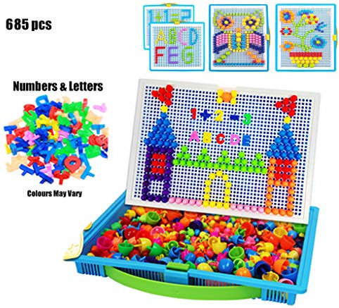 Moonlove 685pcs Jigsaw Puzzle Mix Colour Mushroom Nails With Numers Letters Pegboard Educational Construction Creative DIY Mosaic Toys Birthday for Kids Age Over 3 Years Old