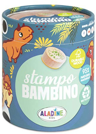 Aladine 3003133 Stempelset für Kinder, Stampo Bambino, Dinosaurier, 8 Holzstempel mit Stempelkissen, Holz, Dinosaure