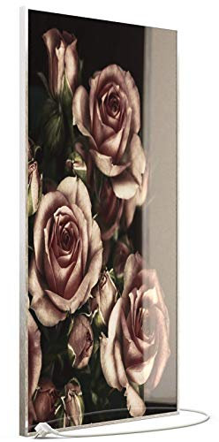 STEINFELD Heizsysteme® Glas Wandheizung Bild Infrarotheizung mit Thermostat | Hochkant | viele Motive 350-1200 Watt Rahmen silber/alu (750 Watt, 007H rosa Rosen)