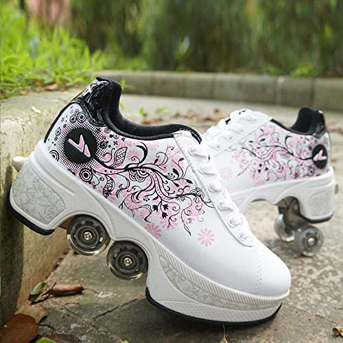 JTKDL 2 In 1 Zweireihige Deform Wheel Deformation Schuhe Vierrädrige Rollschuhe Abnehmbare Riemenscheiben Schlittschuhe Skaten,WhitePink-37