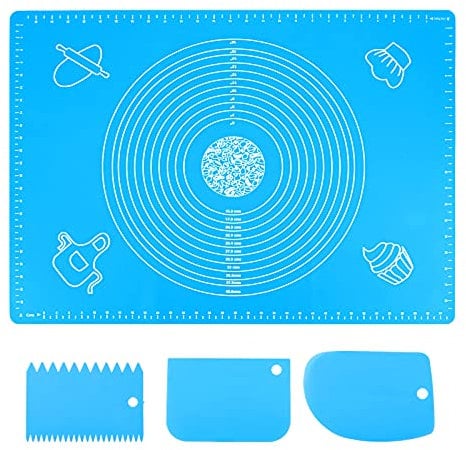 70x50cm Backunterlage Antihafte Backmatte, rutschfeste Silikon Groß Teigunterlage Ausrollmatte Silikonmatte Fondant Pizza Teigmatte Fondant Matte mit Messungen, Baking Mat mit Teigschneider(Blau)