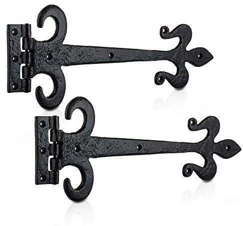 XFORT 410mm Black Antique Fleur De Lys Working Hinges - Cast Iron Decorative Tee Hinges for Shed Door and External Black Gate - Rustic Pair