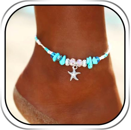 Handcess Boho étoile de mer bracelets de cheville argent Turquoise bracelets de cheville perles de plage chaînes de pied pour femmes et filles