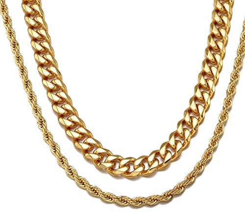 18K Gold Cuabn link 13mm chain & 6mm Rope chain Stainless Steel Hiphop Rapper Punk Bling Necklace for Women Men Jewelry Set, Stainless Steel, No Gemstone,
