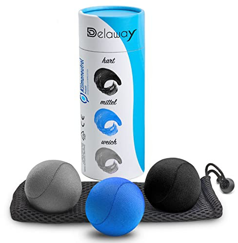 DELAWAY Anti Stressball Set Erwachsene - Hand Therapie Bälle in 3 Stärken - Knautschbälle inkl. Transporttasche - Handtrainer - Relaxbälle zur Entspannung & Stressabbau (6 cm, schwarz, hellblau, grau)