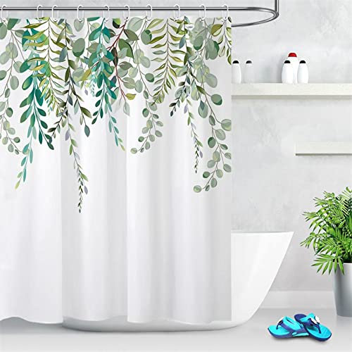 FENJIU Rideau de Douche 90x200cm, Rideau de Douche Vert Sauge pour la Salle de Bain, imperméable à l'eau, séchage Rapide, Tissu végétal, Ensemble de Rideaux de Douche avec 12 Crochets.