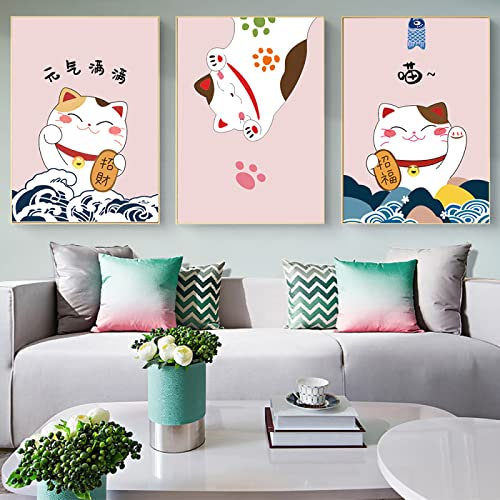 Japanischer Stil Poster Lucky Cat Leinwand Malerei Niedliche Tierkunst Print 3 Stück Moderne Cartoon Wandkunst Bilder Für Restaurant Home Decor 30Cmx40Cmx3Pcs Kein Rahmen