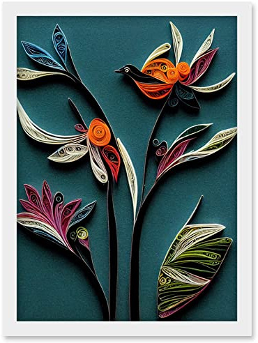 Wee Blue Coo Modern Paper Quilling Bird on Exotic Flower Plant Leaves Blue Orange Teal Artwork Framed Wall Art Print A4