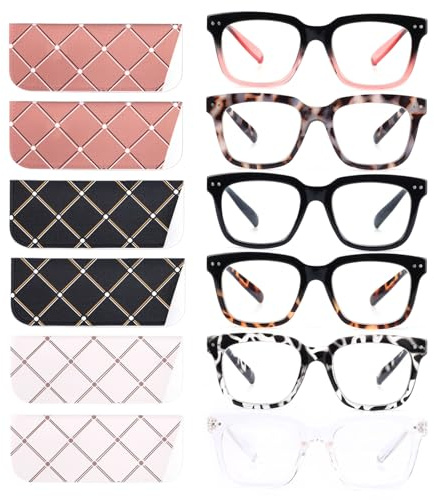 CHOFILORD 6 Pack Fashion Reading Glasses for Women Men Blue Light Blocking Oversized Square Readers with Spring Hinge (6 Pack Mix, 1.5)