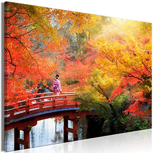 decomonkey Bilder Wald 60x40 cm 1 Teilig Leinwandbilder Bild auf Leinwand Vlies Wandbild Kunstdruck Wanddeko Wand Wohnzimmer Wanddekoration Deko Garten Japanischer Natur Landschaft Grün Orange