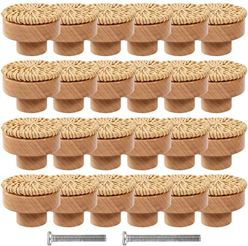 ANPHSIN Lot de 24 boutons de tiroir en rotin de style bohème durable – Poignées décoratives faites à la main avec 48 vis pour meubles de maison