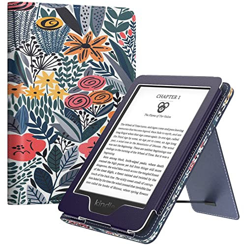 MoKo Hülle Kompatibel mit 6 Kindle 11th Gen 2024/2022/10th Gen 2019/8th Gen 2016, Slim PU Tablet Schutzhülle mit Auto Schlaf/Aufwach Handschlaufe für Kindle 11/10/8, Blaue Blattröschen