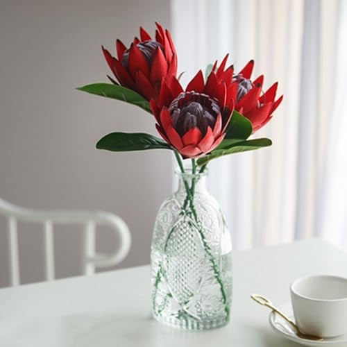 NatureMan Künstliche Blumen aus Seide, Protea Cynaroides, Kunststoff-Blumenarrangements, Dekorstrauß für Hochzeit, Tischdekoration, Rot, 3 Stück