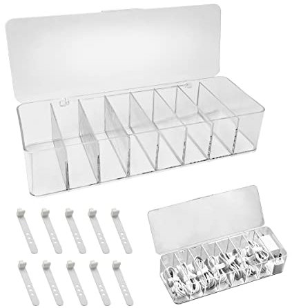 ZIETEN Storage Box for Chargers,Plastic Cable Managet Box,Data Cable Storage Box Transparent,with Lid and 10 Power Strips Wire Ties,for Cable Organiser,Office,Home,Accessories Storage(8 Compartts)