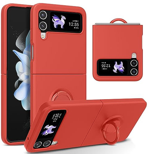 UEEBAI Custodia per Samsung Galaxy Z Flip 4 5G, ultra sottile, in silicone, con supporto ad anello girevole a 360 gradi, supporto magnetico per auto, custodia protettiva in TPU bumper cover – rosso