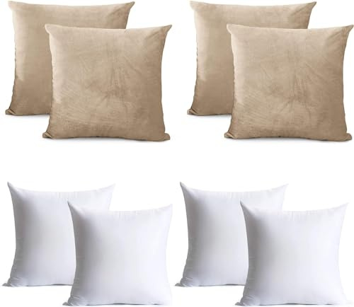 Oxford Homeware Beige Cushion Covers 45cm x 45cm (Pack of 4) Cushions with Covers Included – Decorative Velvet Cushions for Living Room Sofa Bedroom with Invisible Zipper, 18''x18''
