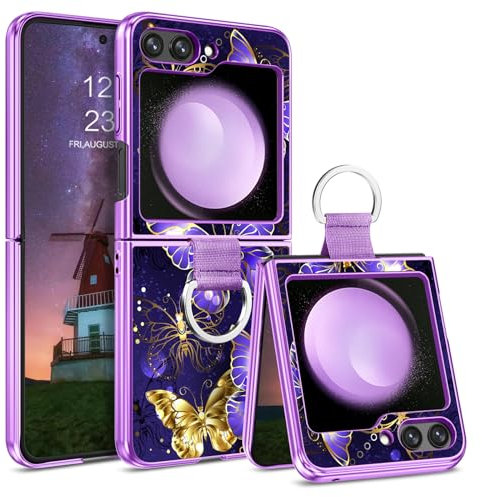 YINLAI for Samsung Galaxy Z Flip 5 Case Pattern Glow in the Dark with Ring TPU Bumper PC Shell Scratch-Resistant Cover Case Protective Case for Samsung Galaxy Z Flip 5 5G,Purple Butterfly