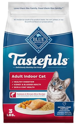 Blue Buffalo Tastefuls Natural Dry Food for Adult Indoor Cats, Salmon & Brown Rice Recipe, 3-lb. Resealable Bag