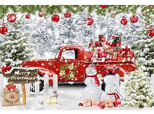 Frohe Weihnachten Hintergrund 1.5x1m Roter LKW Schneemann Weihnachtsbaum Fotografie Hintergründe Winter Schnee Szene Neues Jahr Fotografie Hintergrund Studio Foto Booth Prop