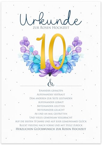 maloOo Geschenke Geschenk Urkunde zum 10. Hochzeitstag Rosen Hochzeit | personalisierte Karte DIN A4 | Geschenkidee Rosenhochzeit Jubiläum Glückwunschkarte (10. Hochzeitstag Rosenhochzeit)