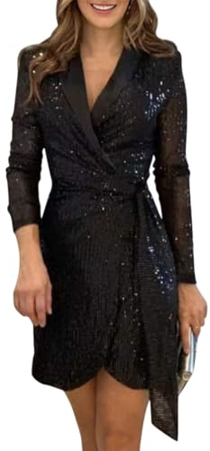 Minetom Damen Pailletten Kleid Elegant V Ausschnitt Langarm Partykleid Abendkleid Cocktail Festlich Hochzeit Minikleid Glitzer Kleider