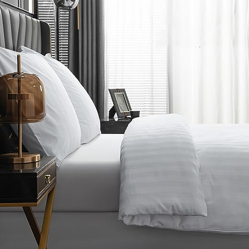 Amolavet Hotel Bettwäsche 200x200 Baumwolle Weiß 3teilig Set Bettwäsche 200x200 Mako Satin Baumwolle Damast Streifen Weiss mit Reißverschluss für Ganzjährig