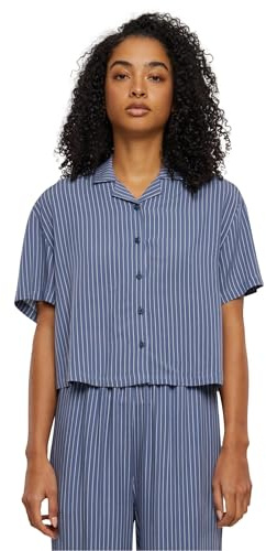 Urban Classics Damen Hemdbluse Ladies Viscose Resort Shirt, Kurzarm Bluse für Frauen, Loose Fit, Vintagebluepinstripe, XXL
