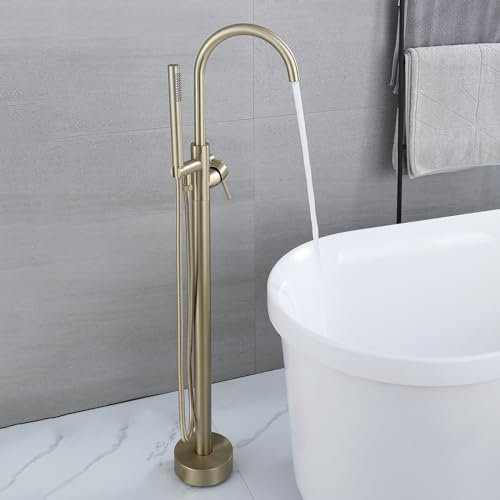 XJTNLB Grifo Ducha Grifo Suelo Bañera Exenta Monomando Griferia Bañera Exenta con Inversor Grifo Ducha Caño Giratorio,Oro Cepillado