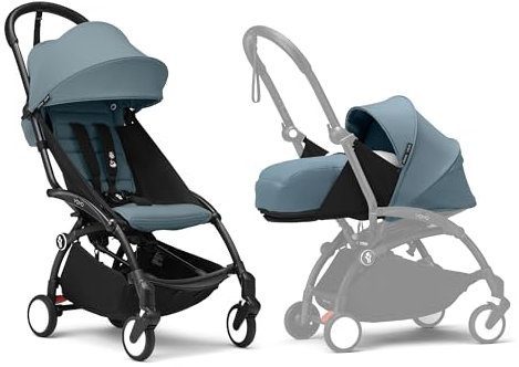 Poussette Stokke YOYO3 avec pack nouveau-né et pack couleur 6+ - Comprend un cadre noir, un pack couleur YOYO 6+ (Aqua) et un pack nouveau-né 0+ (Aqua)