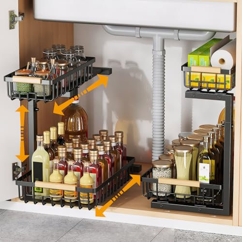 Cyiecweu 2 Etagen Küchenschrank Organizer, L Form Höhenverstellbares Spülschrank Organizer, Ausziehbarer Schrank Organizer Küche, Mehrzweck Kohlenstoffstahl Unter Waschbecken Regal(1PC)