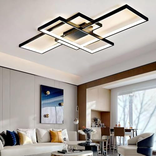 ASJK Deckenleuchte Schwarz 105W Modern Wohnzimmerlampe mit Fernbedienung, 3000k-6000k Geometrisch Multifunktional Deckenbeleuchtung für Wohnzimmer （140cm，Schwarz）