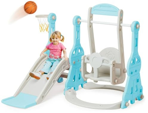 Tobogán y Columpio para niños pequeños, Juego de Escalada con tobogán 4 en 1 para bebés con Columpio, tobogán trepador y Baloncesto, toboganes para niños para Interiores y Exteriores (Azul)