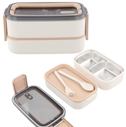 Fiambrera Bento de Acero Inoxidable,2 Niveles con Compartimentos,Libre de BPA,Fiambrera para Adultos,Caja de Almuerzo de Acero Inoxidable 304 Ecológica,A Prueba de Fugas,Apta para Microondas (Caqui)