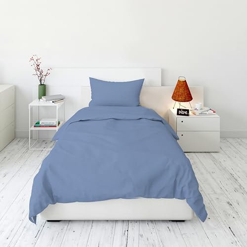 DOMOLETTI | Parure de Lit en 100% Satin de Coton rayé | Housse de Couette Satin 140x200 cm | Taie Oreiller 50x70 cm | Oeko Tex | Drap de lit - 2 Pièces | Ensemble Lit - 1 Personne | Bleu Fonce