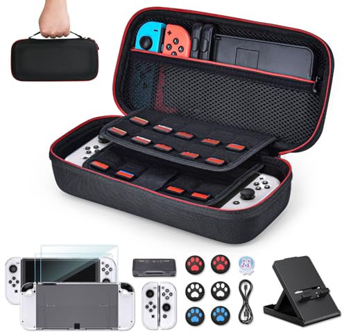 Younik Switch OLED-Zubehör-Bundle, 16 in 1 Switch-Zubehör-Set enthält Switch OLED-Tragetasche, Schutzhülle für Konsole & J-Con, Bildschirmschutz, Verstellbarer Ständer, Switch Game Case und mehr