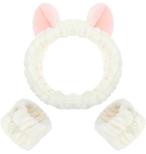 3 Stück Gesicht Waschen Stirnband Set, Niedliche Katzenohren SPA Haarband Mit Handgelenk Waschband, Weiches Korallen Fleece Kosmetik, Elastisches Abschmink Zum Waschen