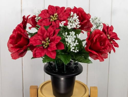 Artificial Poinsettia and Rose Grave Pot, Christmas Tribute Flowers, 30 cm
