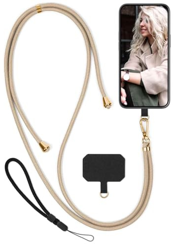 moex Unleash für Xiaomi Mix Flip Handyband zum Umhängen ohne Hülle, Handykette Universal mit Karabiner, Handy Band abnehmbar, Kette mit Pad für Handyhülle, Beige, Gold