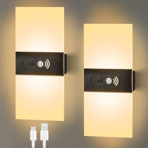 GOMETY 2 applique da parete per interni con sensore di movimento, ricaricabile tramite USB, lampada da parete a LED con interruttore, senza collegamento di alimentazione, senza fili, batteria da 1200