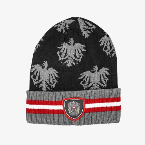 Hoamatkult Österreich Kult Mütze – Warme Winter Haube mit Adler Wappen – Jacquard Beanie mit RIPP-Strick Umschlag – Unisex & Elastisch – Kuschelig weich - schwarz/grau