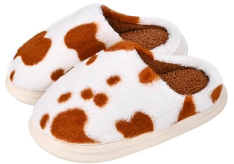 SincereWay Damen Kuhfell-Print Hausschuhe Mit Kunstfellfutter Rutschfest
