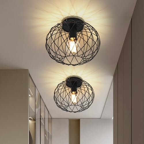 Glitzerlife Deckenleuchte Schwarz Flurlampe Metall - 2ER Deckenlampe E27 Retro Runde Vintage Lampenschirm Industrial für Gang Korride Wohnzimmer Schlafzimmer Küche (Ohne Leuchtmittel Max.40W) 30CM