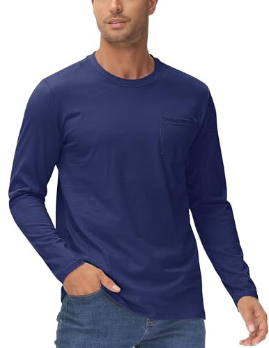 KEFITEVD Mens Cotton Casual T Shirts Long Sleeve Work Plain Tee Shirts with Chest Pocket Navy Blue L
