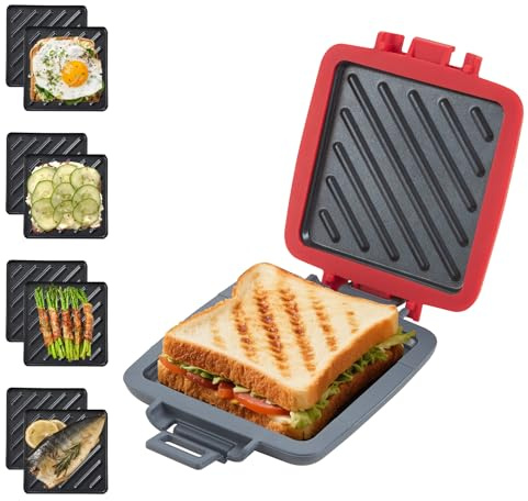 Mico Dingker Microwave Sandwich Maker, Snack Maker & Panini Press, Removable Non-Stick Plates, Silicone Microwavable Cookware, Heatwave Technology for House Cooking & Baking, Red