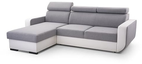 FurniShop24 Ecksofa mit Schlaffunktion und praktischem Bettkasten - Schlafsofa L Form 236x165 cm mit verstellbaren Kopfstützen und dekorative Kissen, Eckcouch Imperio Grau/Weiß