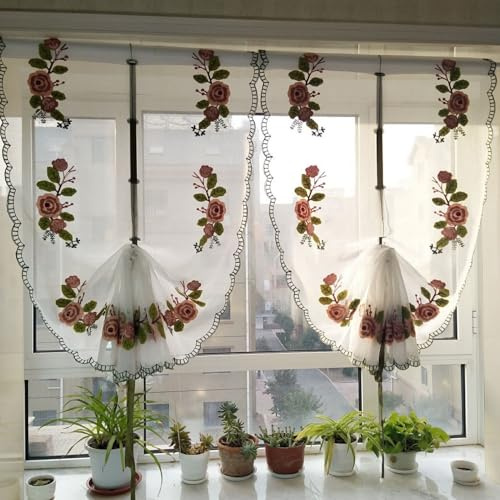 A.Monamour Gardine Scheibengardinen Kurzstores 1 Stück Weißer Transparenter Voile Rose Blumen Stickerei Spitze Roman Ballon Vorhang Raffrollo Landhaus Tieup Kurzgardinen Küche Cafe Kurz Bistrogardine